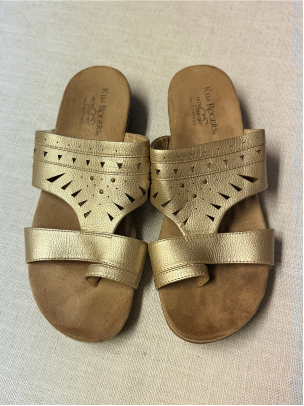 Kim Rogers Tauren Metallic Gold Laser Cut Toe Loop Comfort Slide Sandals 9.5Mk